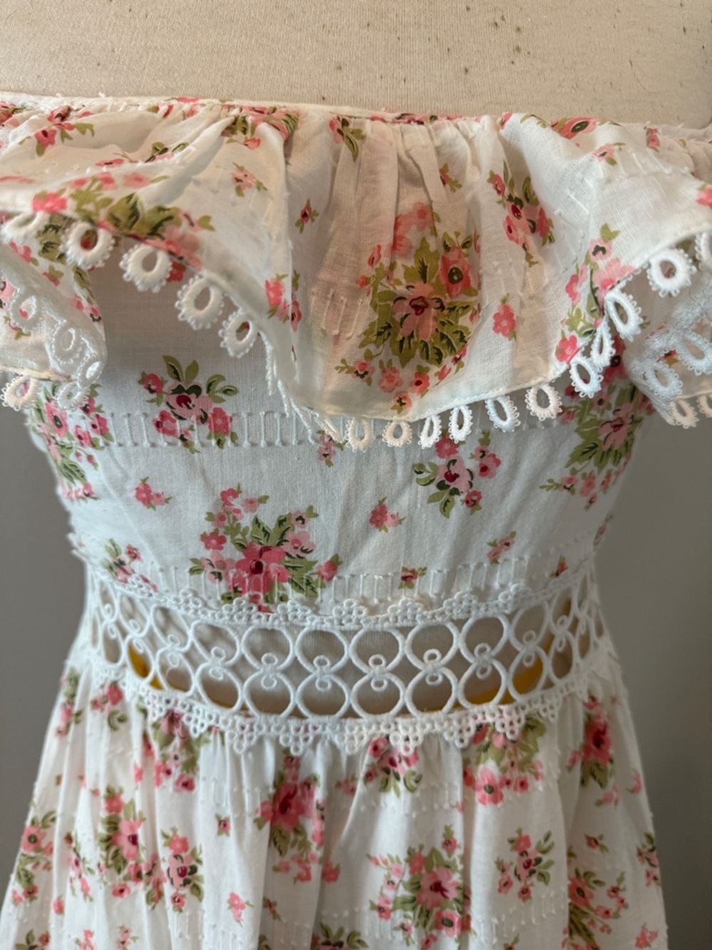 Floral Off-Shoulder Maxi Dress in White with Pink Roses - Picture 8 of 9
